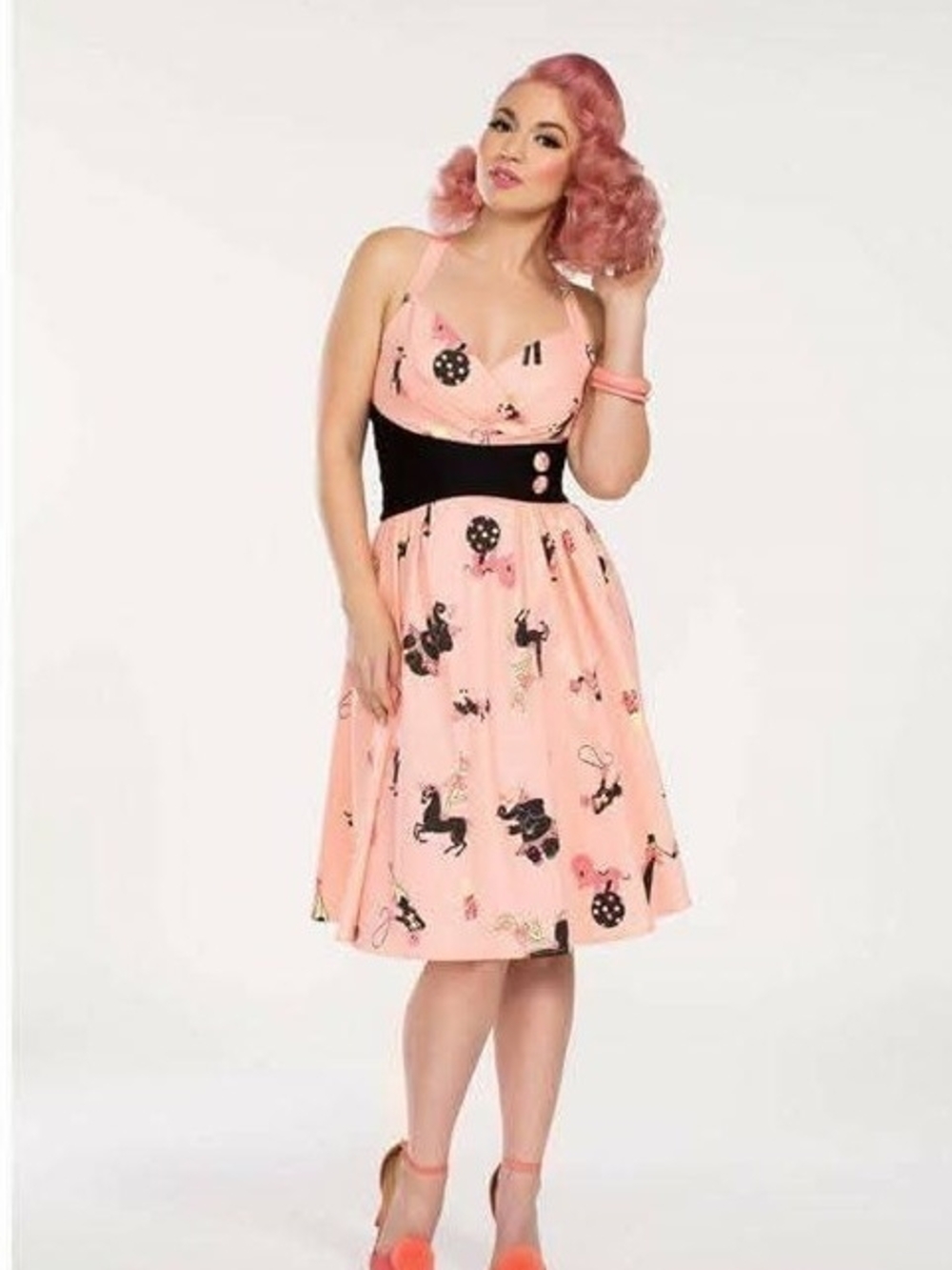 Pinup Couture Pink Circus Dress with Black Contrast And Crossed Straps
